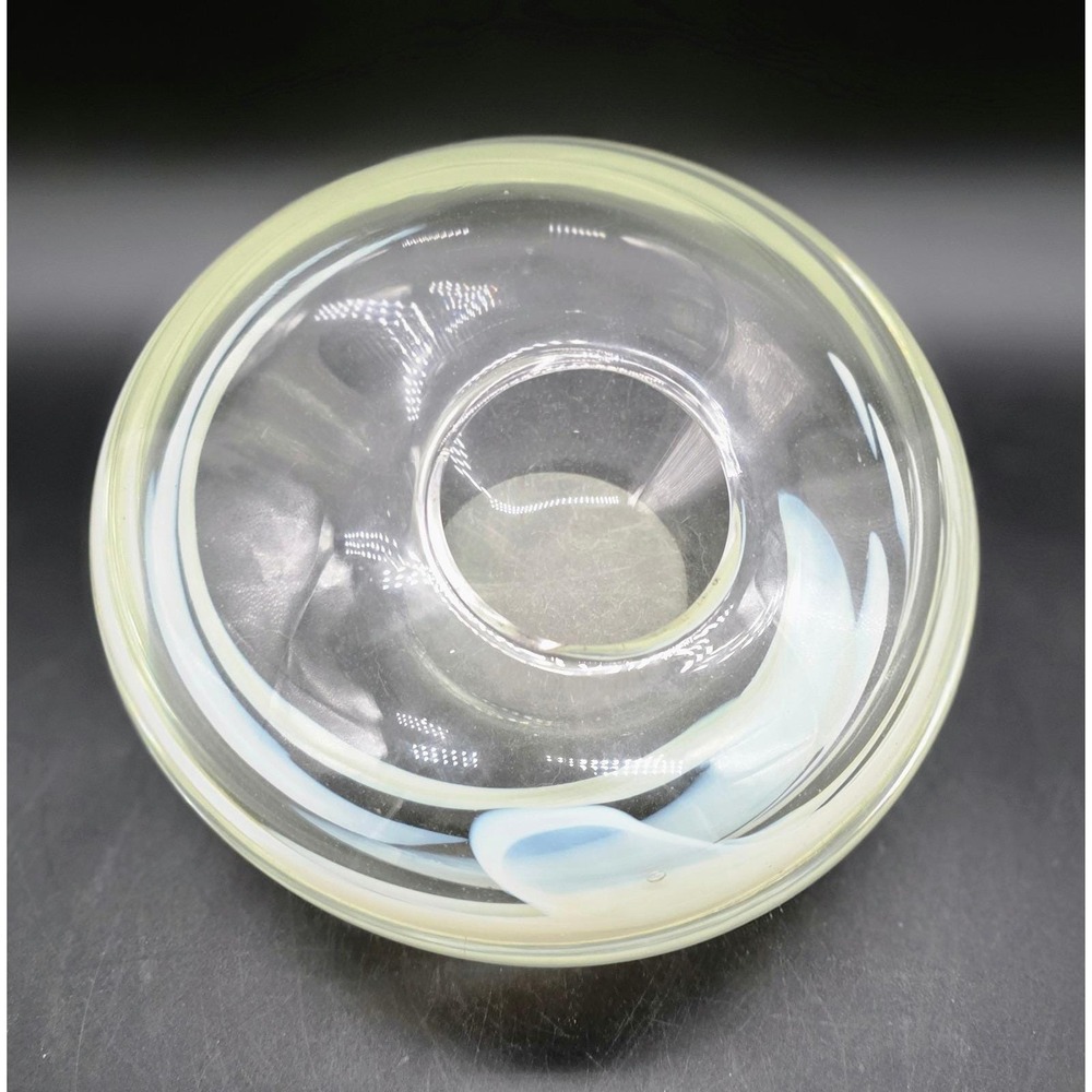 Hand Blown Studio Art Glass Vase Clear White Blue Swirl Squat Pebble Shape 7"